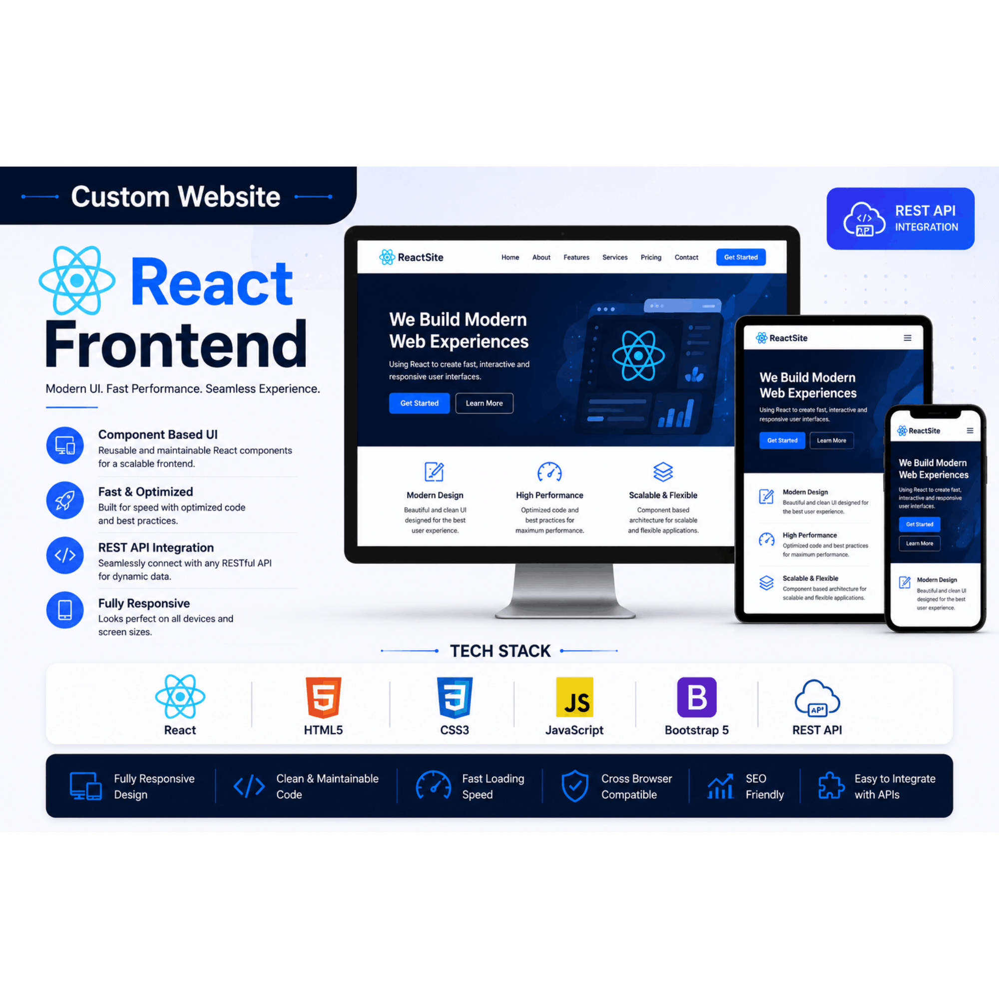 Custom React Frontend Development | react JS Website | Responsive bootstrap 5 UI | Rest API Integration | modern Web App